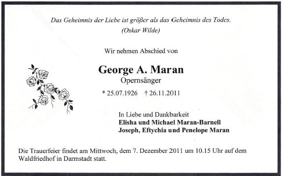 Picture of George Maran's death announcement 