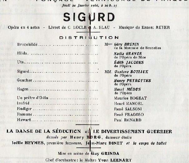 Picture of Gustave Botiaux's playbill in Sigurd at Dijon on January 20th 1966
