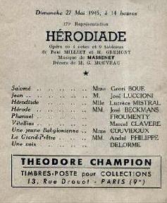 Picture of José Luccioni's Hérodiade Playbill Paris 27 mai 1945